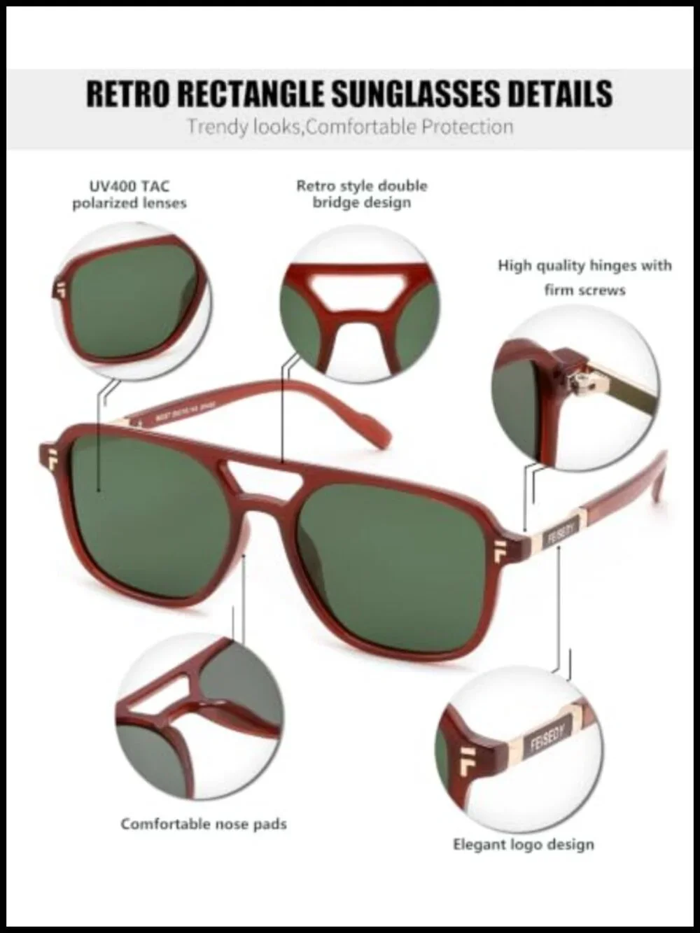 Retro Square Aviator Sunglasses Polarized UV400 Protection Metal Decoration